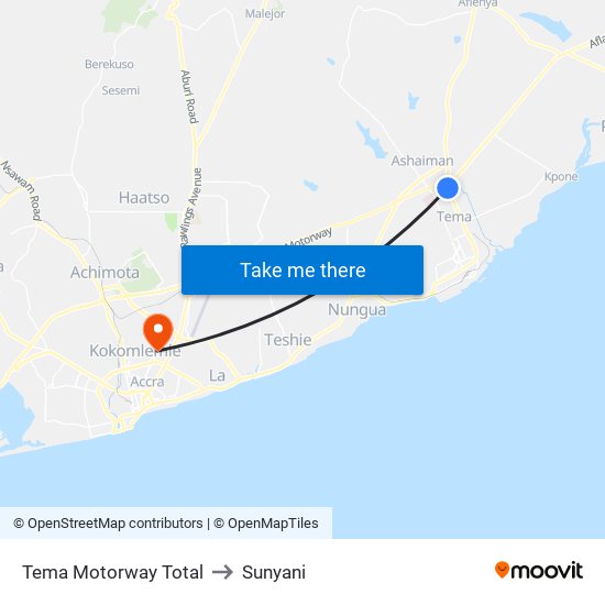 Tema Motorway Total to Sunyani map