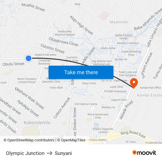 Olympic Junction to Sunyani map