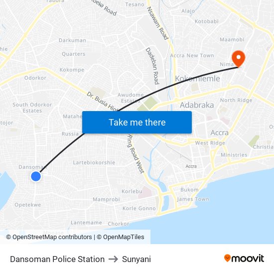 Dansoman Police Station to Sunyani map