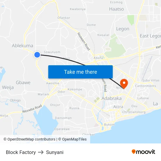 Block Factory to Sunyani map