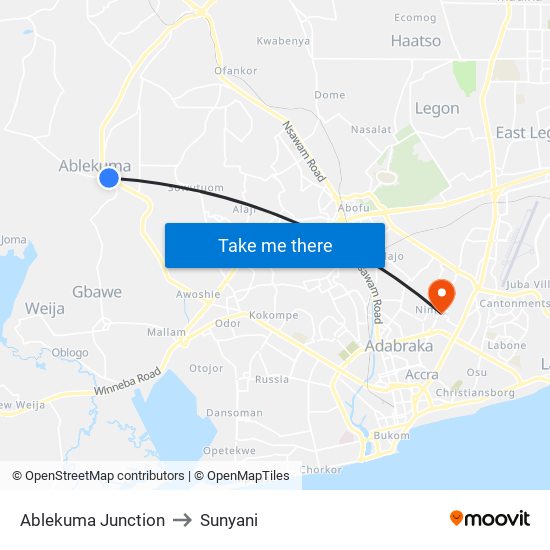 Ablekuma Junction to Sunyani map