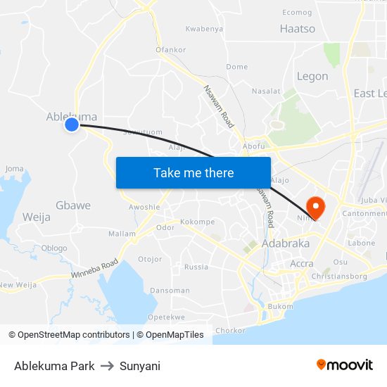 Ablekuma Park to Sunyani map