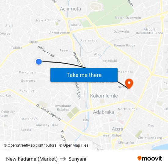 New Fadama (Market) to Sunyani map