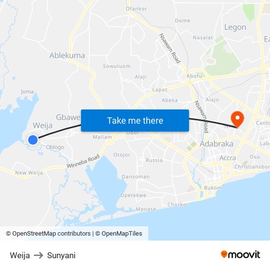 Weija to Sunyani map