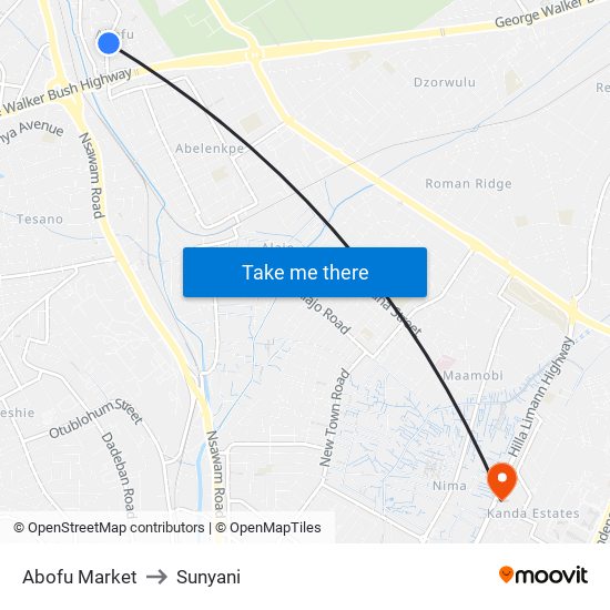 Abofu Market to Sunyani map