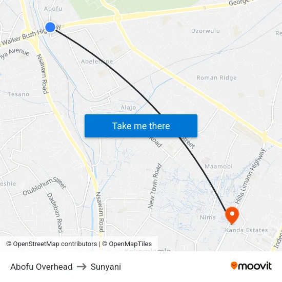 Abofu Overhead to Sunyani map