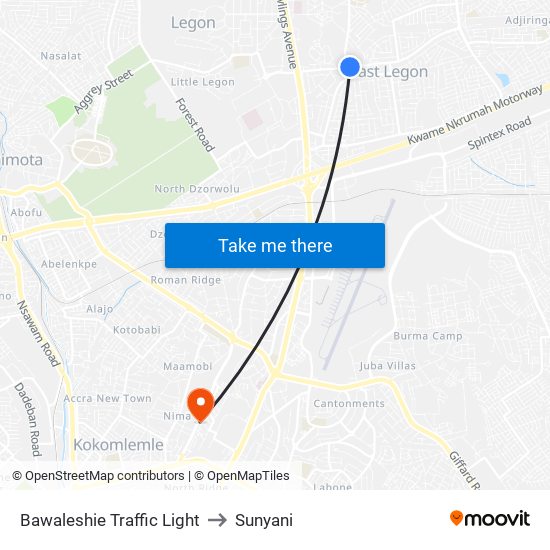 Bawaleshie Traffic Light to Sunyani map