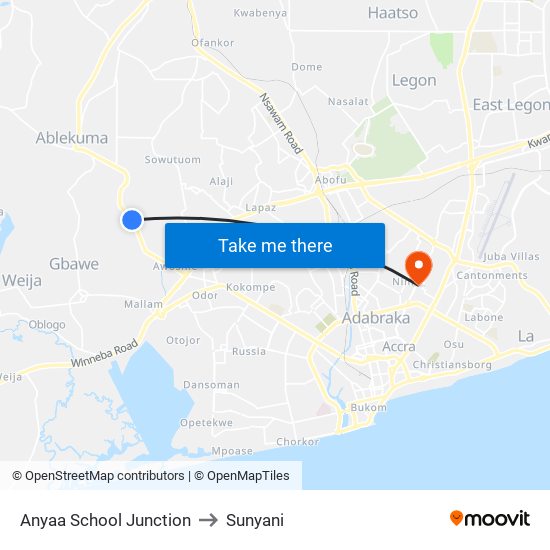 Anyaa School Junction to Sunyani map