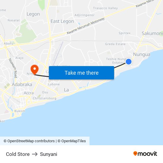 Cold Store to Sunyani map