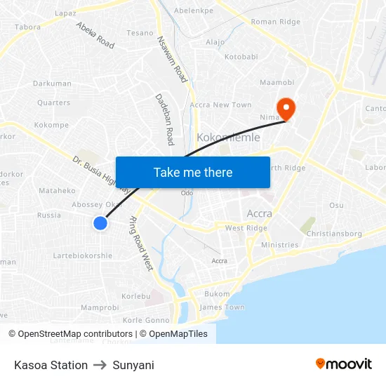 Kasoa Station to Sunyani map
