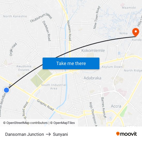 Dansoman Junction to Sunyani map