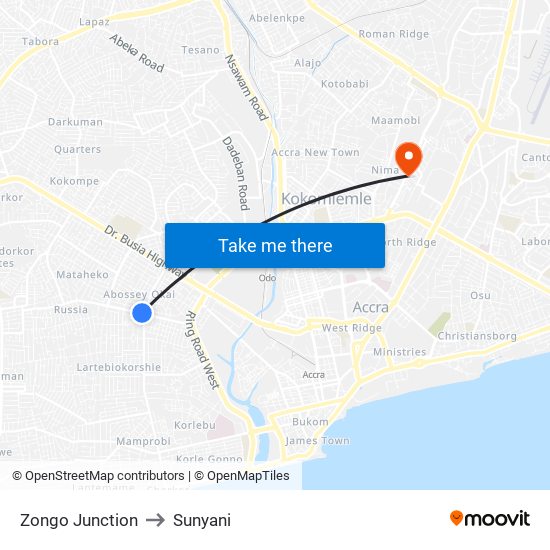 Zongo Junction to Sunyani map
