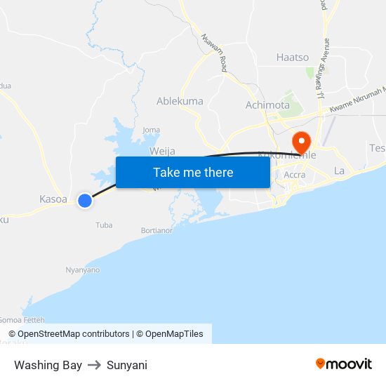 Washing Bay to Sunyani map