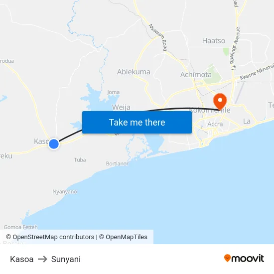 Kasoa to Sunyani map