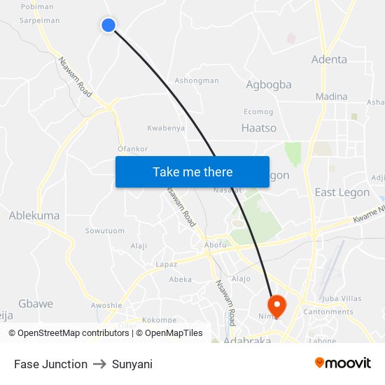 Fase Junction to Sunyani map