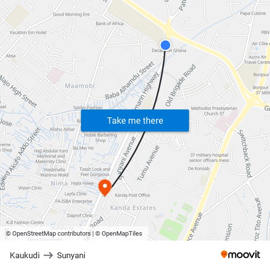 Kaukudi to Sunyani map