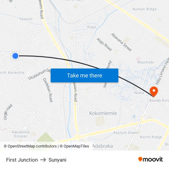 First Junction to Sunyani map