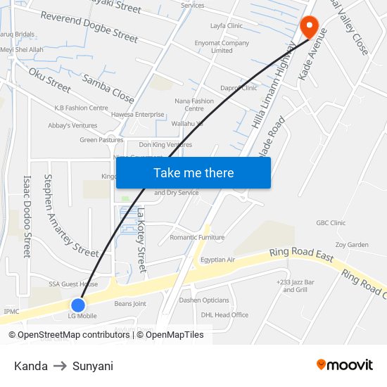 Kanda to Sunyani map