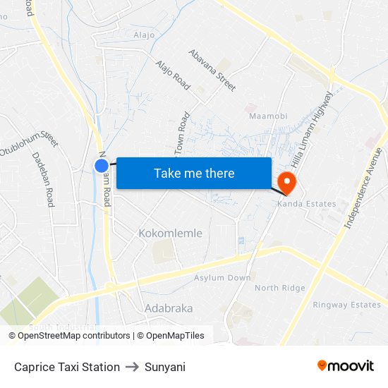 Caprice Taxi Station to Sunyani map