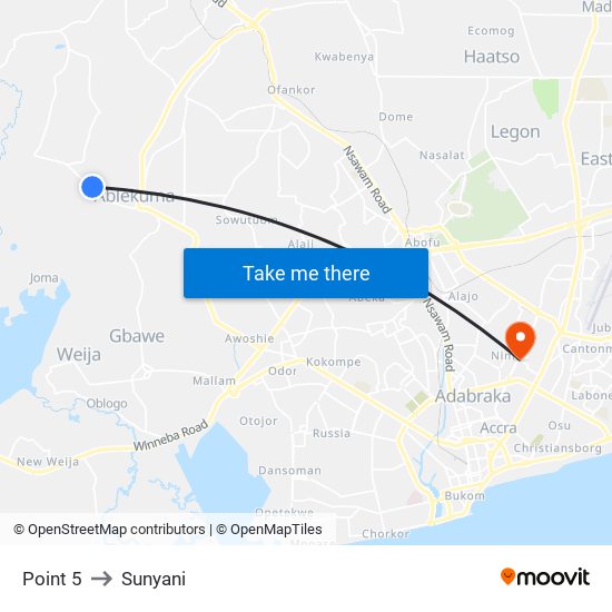 Point 5 to Sunyani map