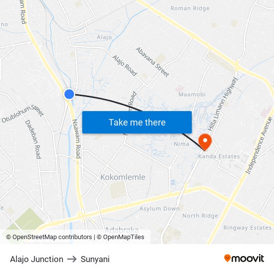 Alajo Junction to Sunyani map