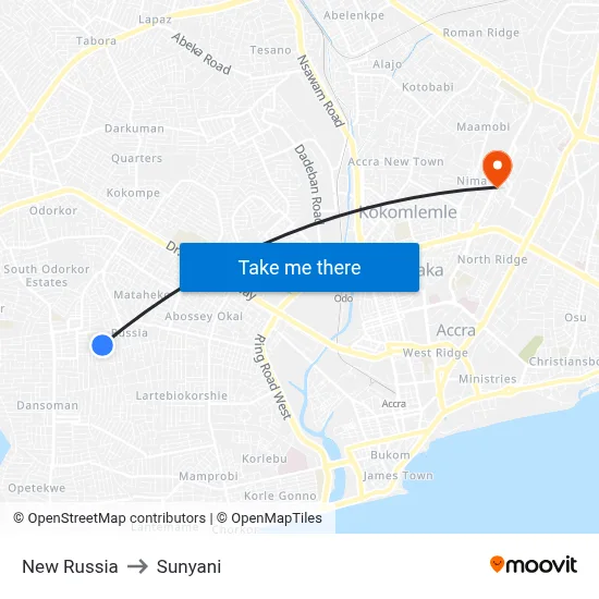 New Russia to Sunyani map