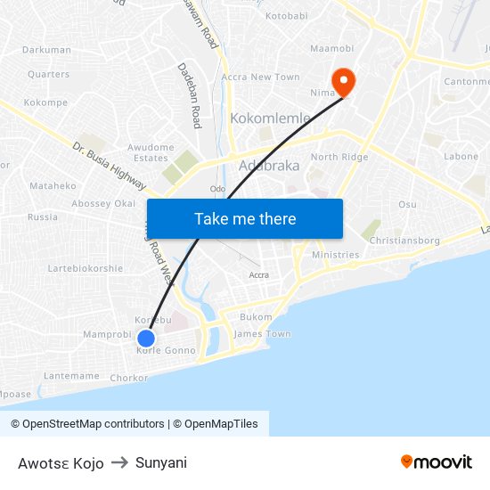 Awotsɛ Kojo to Sunyani map