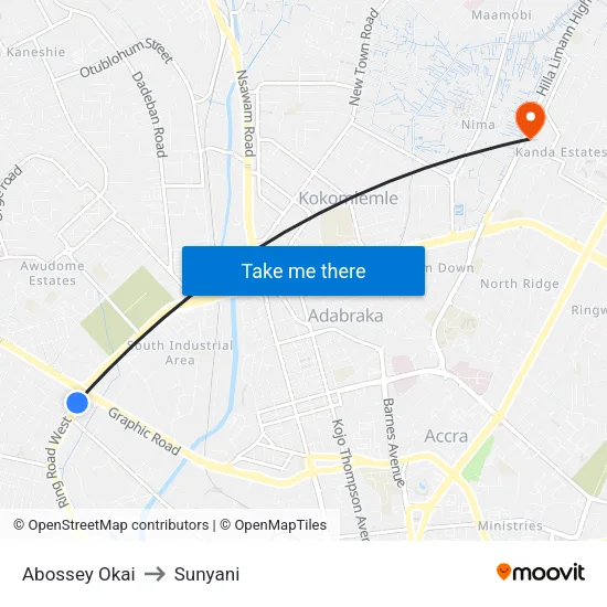 Abossey Okai to Sunyani map