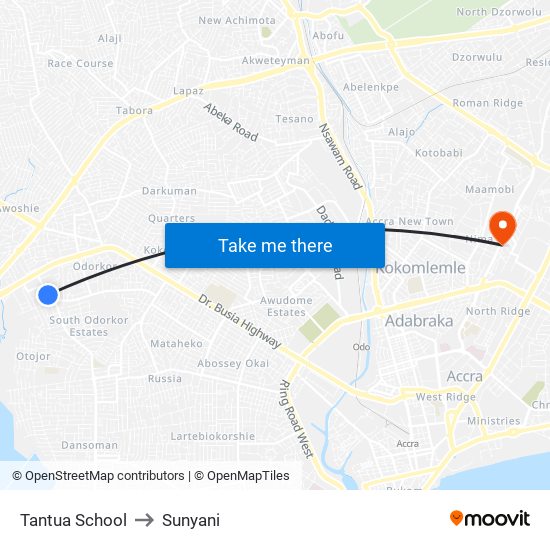 Tantua School to Sunyani map