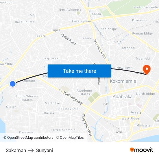 Sakaman to Sunyani map