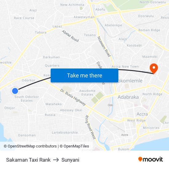 Sakaman Taxi Rank to Sunyani map