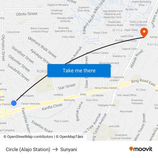 Circle (Alajo Station) to Sunyani map