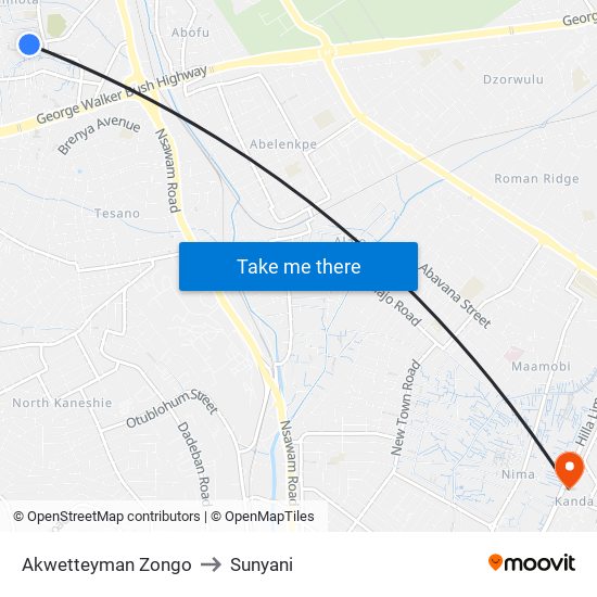 Akwetteyman Zongo to Sunyani map