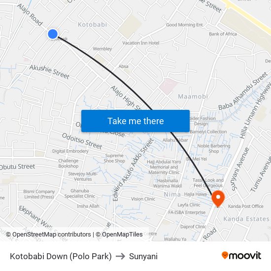 Kotobabi Down (Polo Park) to Sunyani map