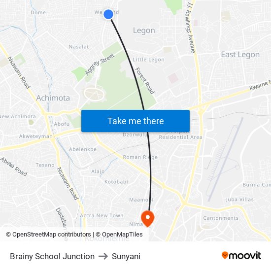 Brainy School Junction to Sunyani map