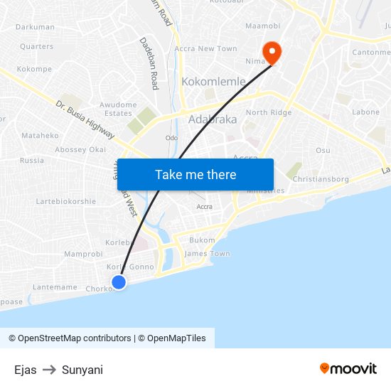 Ejas to Sunyani map