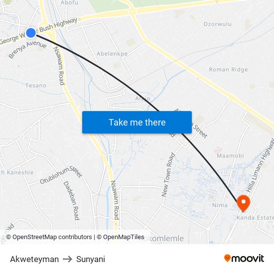 Akweteyman to Sunyani map