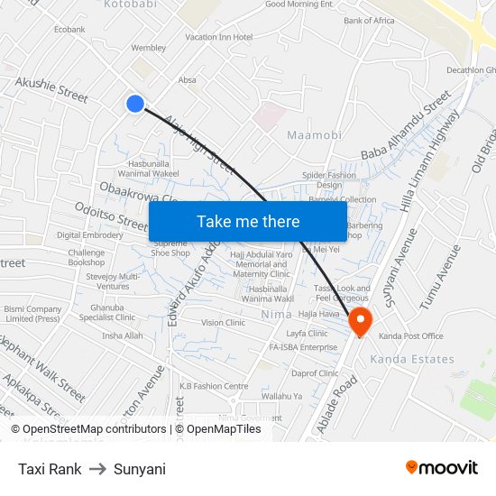 Taxi Rank to Sunyani map