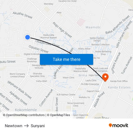 Newtown to Sunyani map