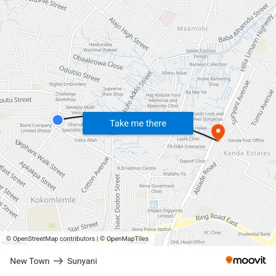 New Town to Sunyani map