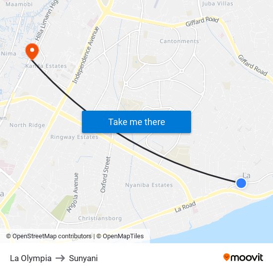 La Olympia to Sunyani map