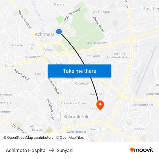 Achimota Hospital to Sunyani map