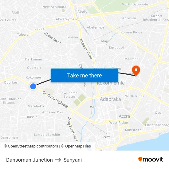 Dansoman Junction to Sunyani map