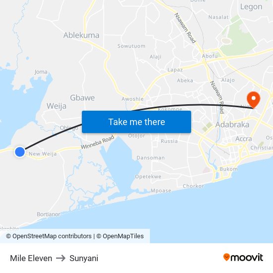 Mile Eleven to Sunyani map