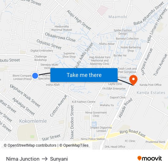 Nima Junction to Sunyani map
