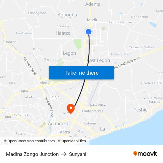 Madina Zongo Junction to Sunyani map