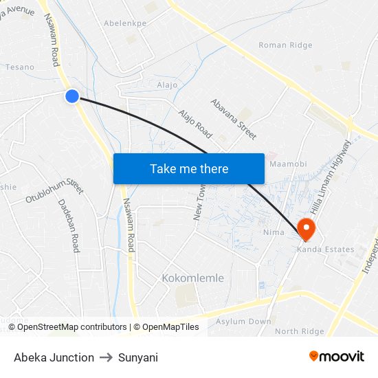 Abeka Junction to Sunyani map