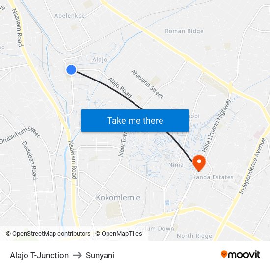 Alajo T-Junction to Sunyani map