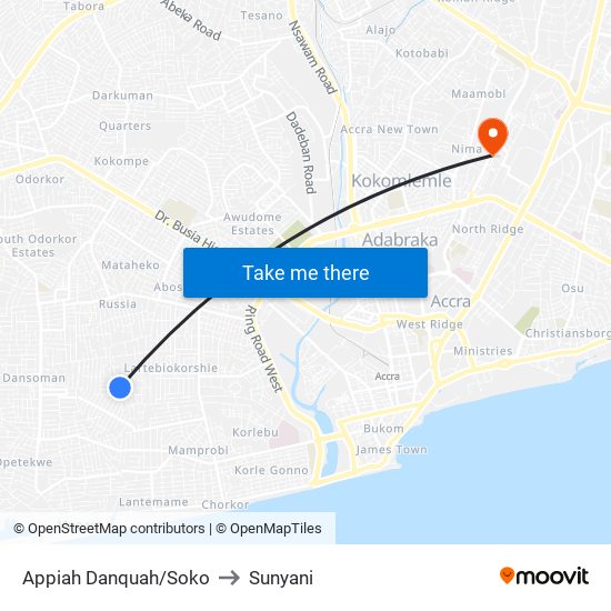 Appiah Danquah/Soko to Sunyani map