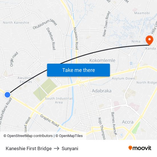 Kaneshie First Bridge to Sunyani map